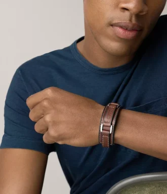 Machine Robust armbånd i rustfrit stål og brun polstret læderrem